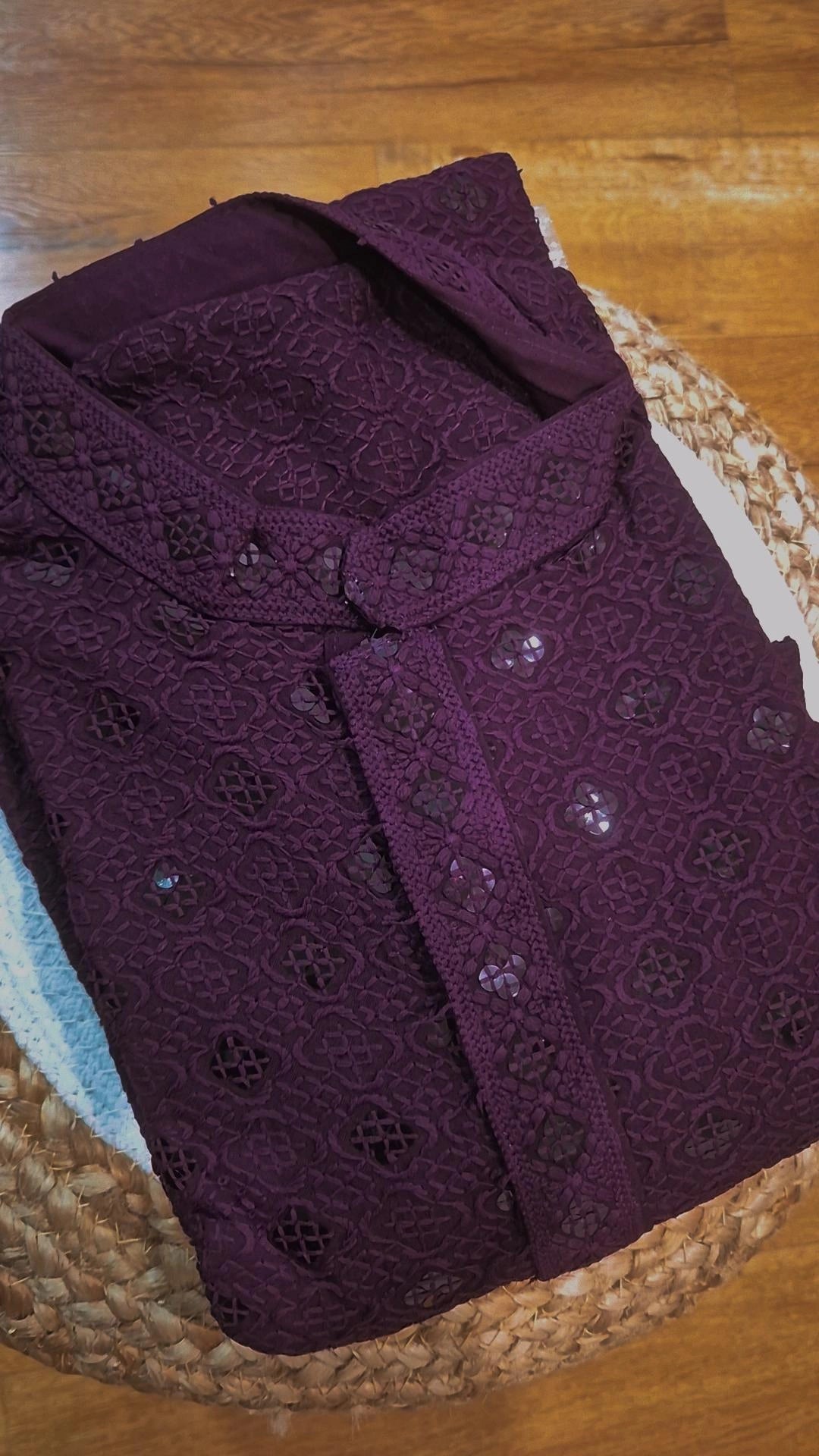 Men's Wine Purple Chikankari Kurta Pyjama Set