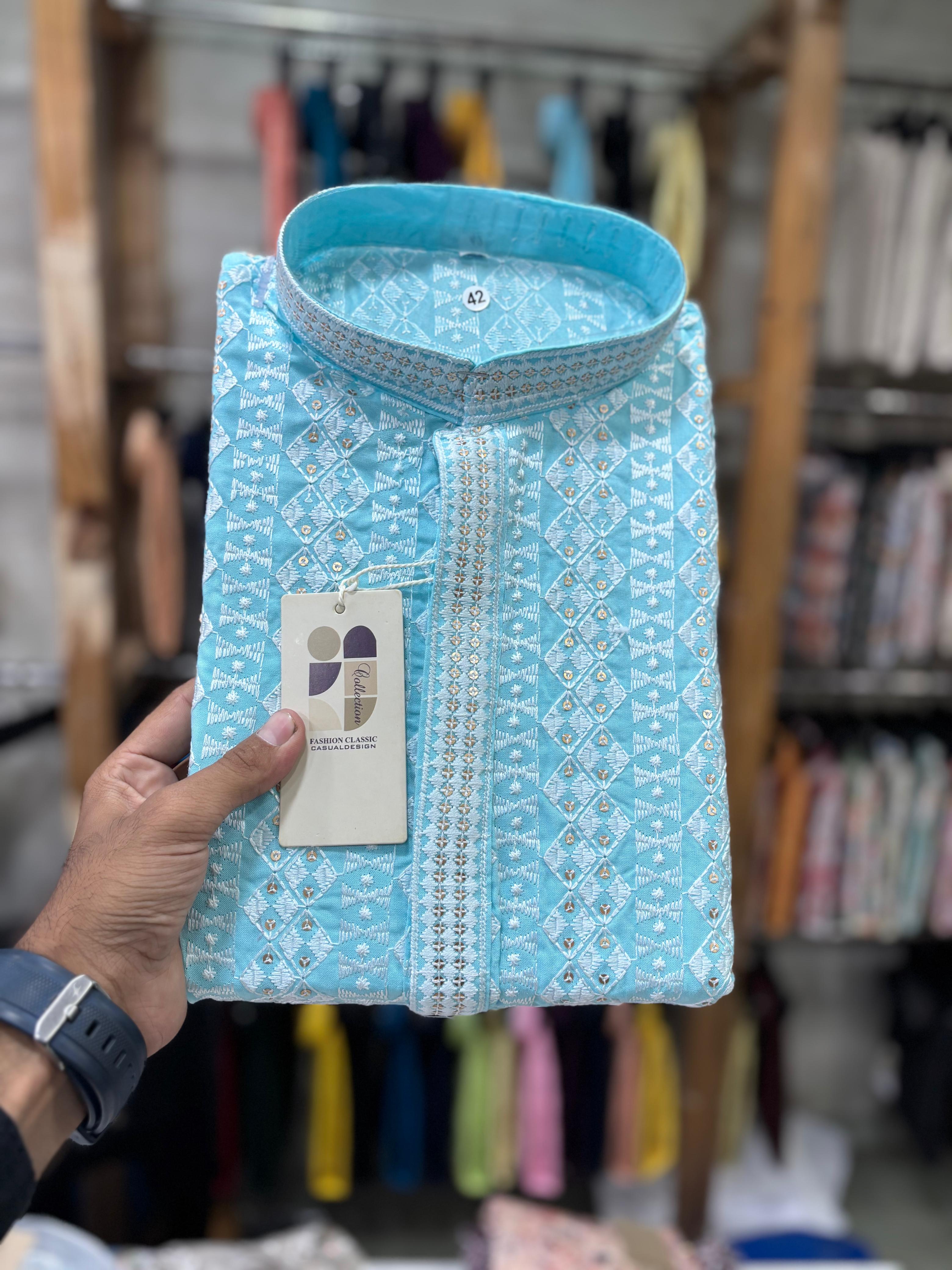 Men's Sky Blue Chikankari Embroidery Kurta with White Pant Set