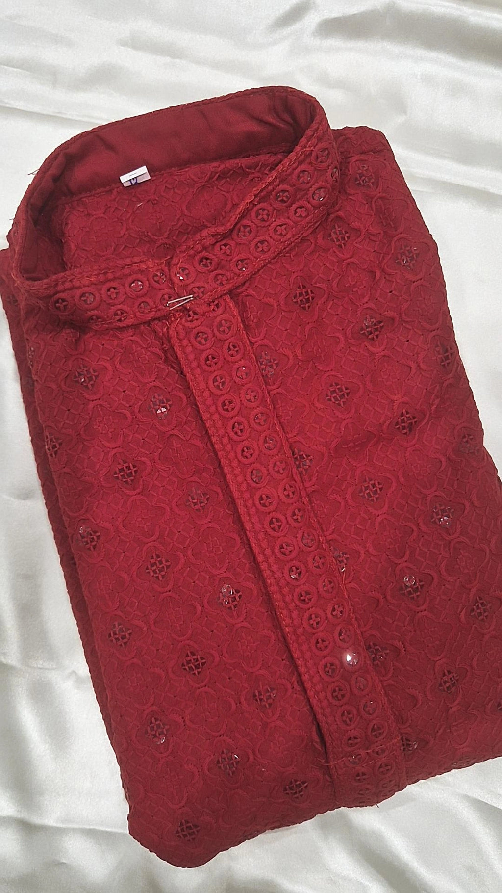 Men's Deep Red Chikankari Kurta Pyjama Set