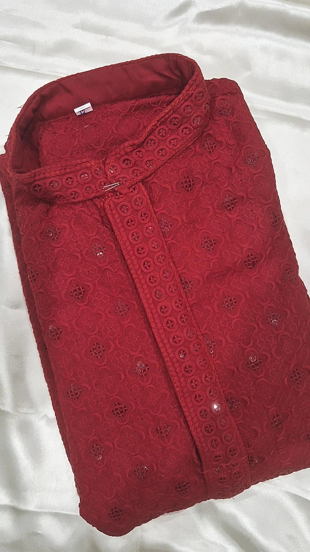 Men's Deep Red Chikankari Kurta Pyjama Set