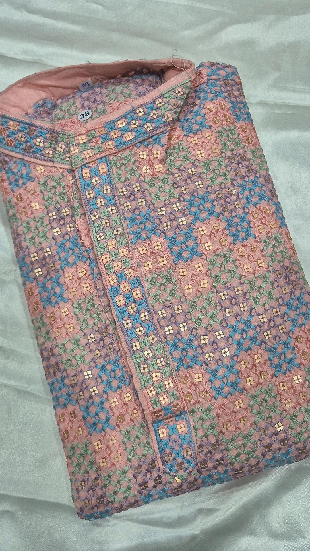 Men's Peach Multicolour Chikankari Kurta Pyjama Set