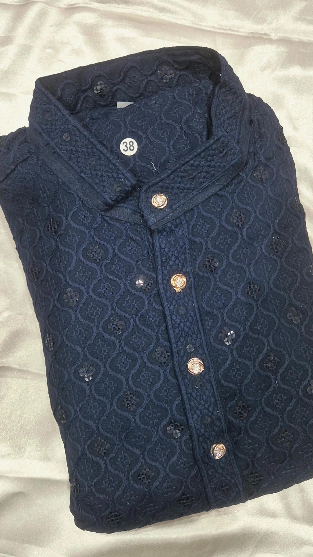 Men's Navy Blue Chikankari Kurta Pyjama Set