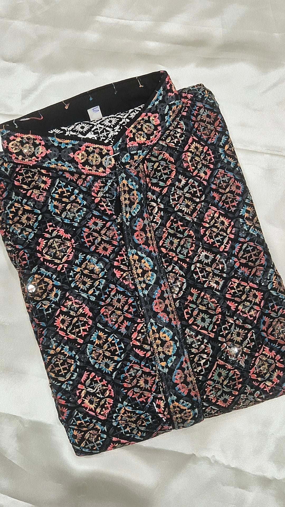 Men's Black Multicolour Chikankari Kurta Pyjama Set