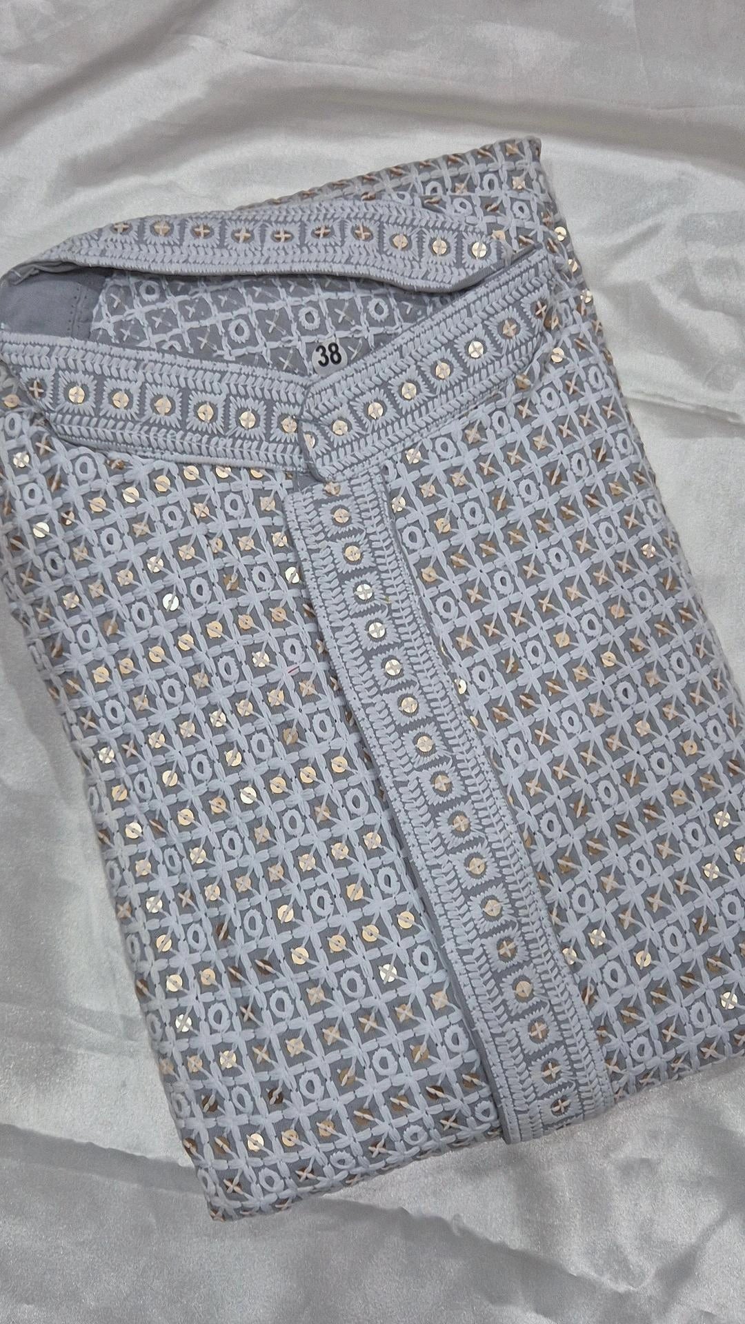 Men's Grey XO Chikankari Kurta Pyjama Set