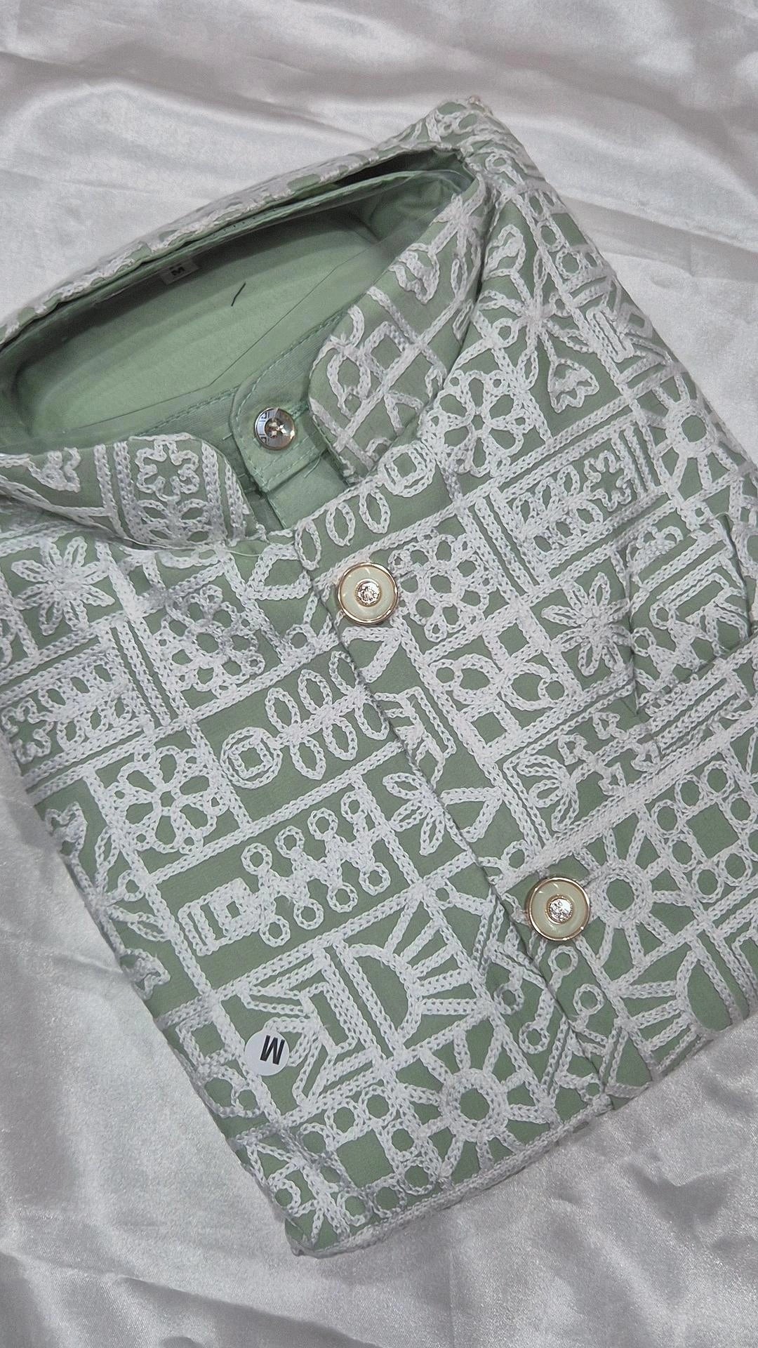 Men's 3-Piece Kurta Pyjama Set with White Chikankari Embroidery Coat