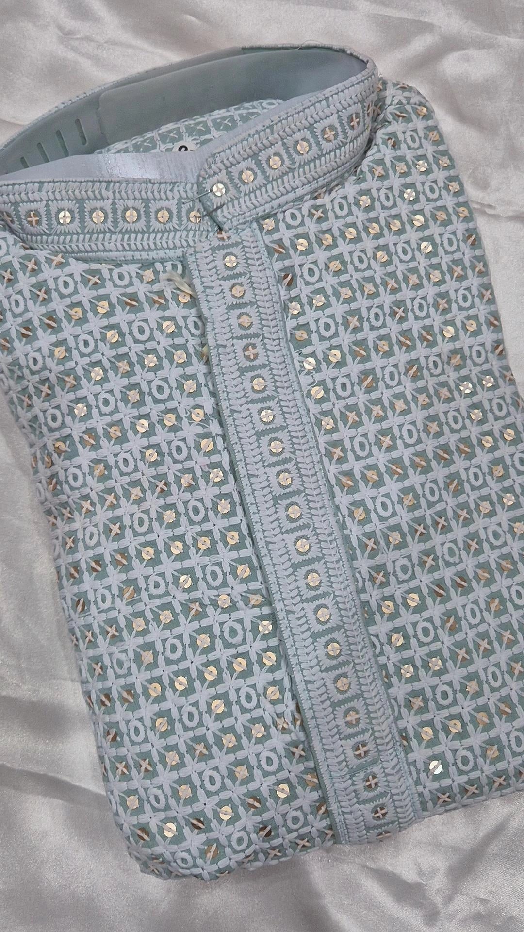 Men's Ice Blue XO Chikankari Kurta Pyjama Set