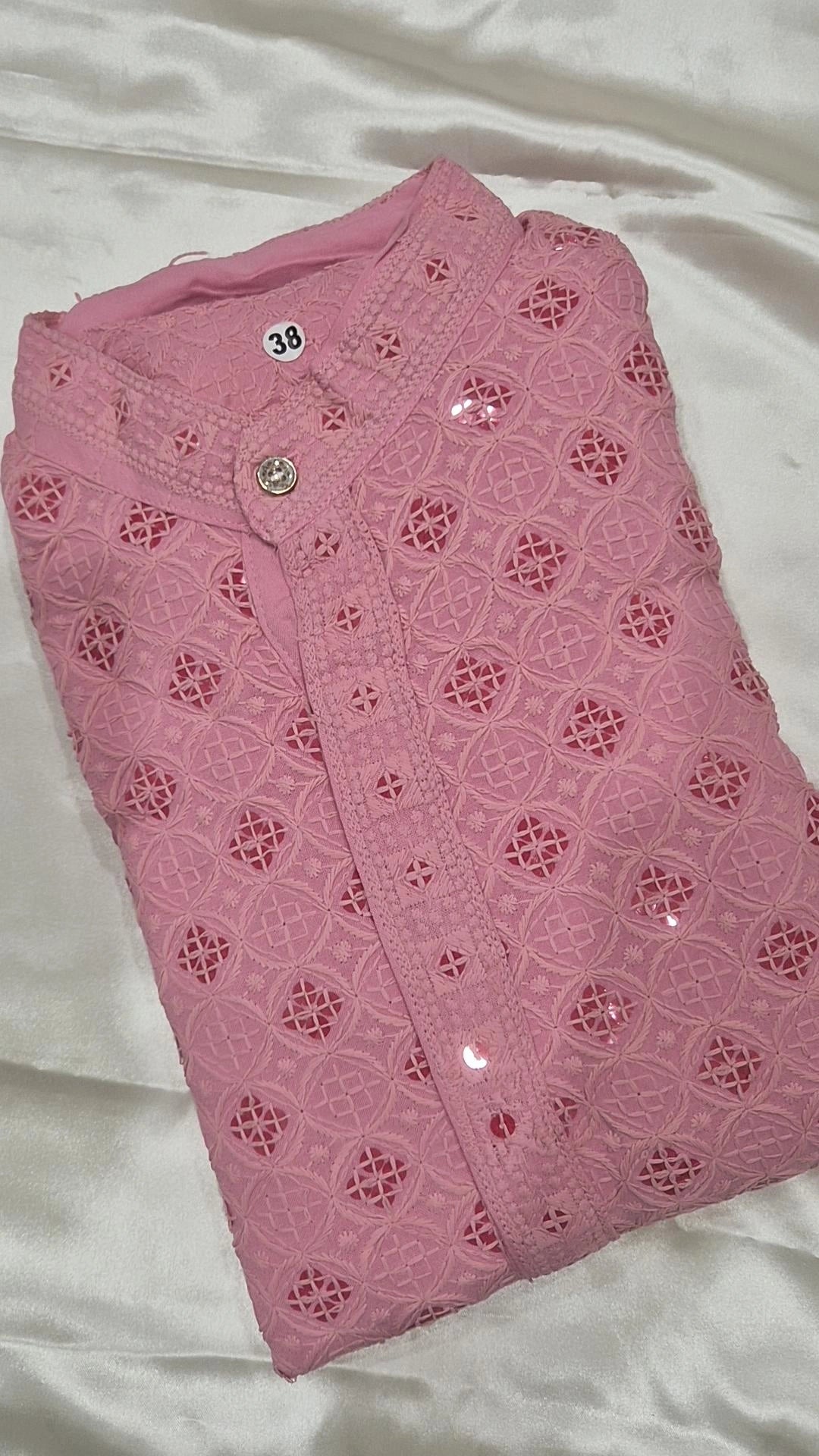 Men's Pink Chikankari Kurta Pyjama Set