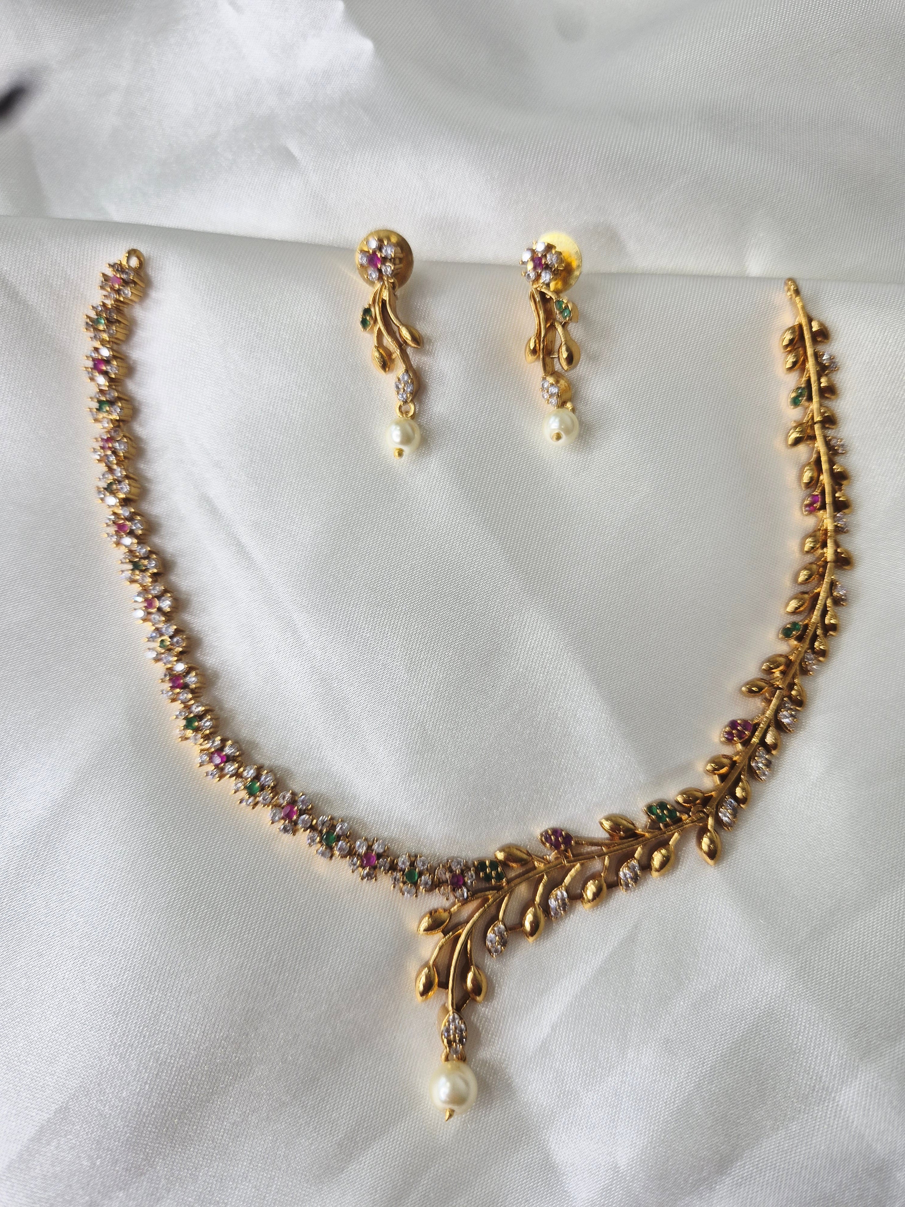 Gold Leaf CZ Necklace Set