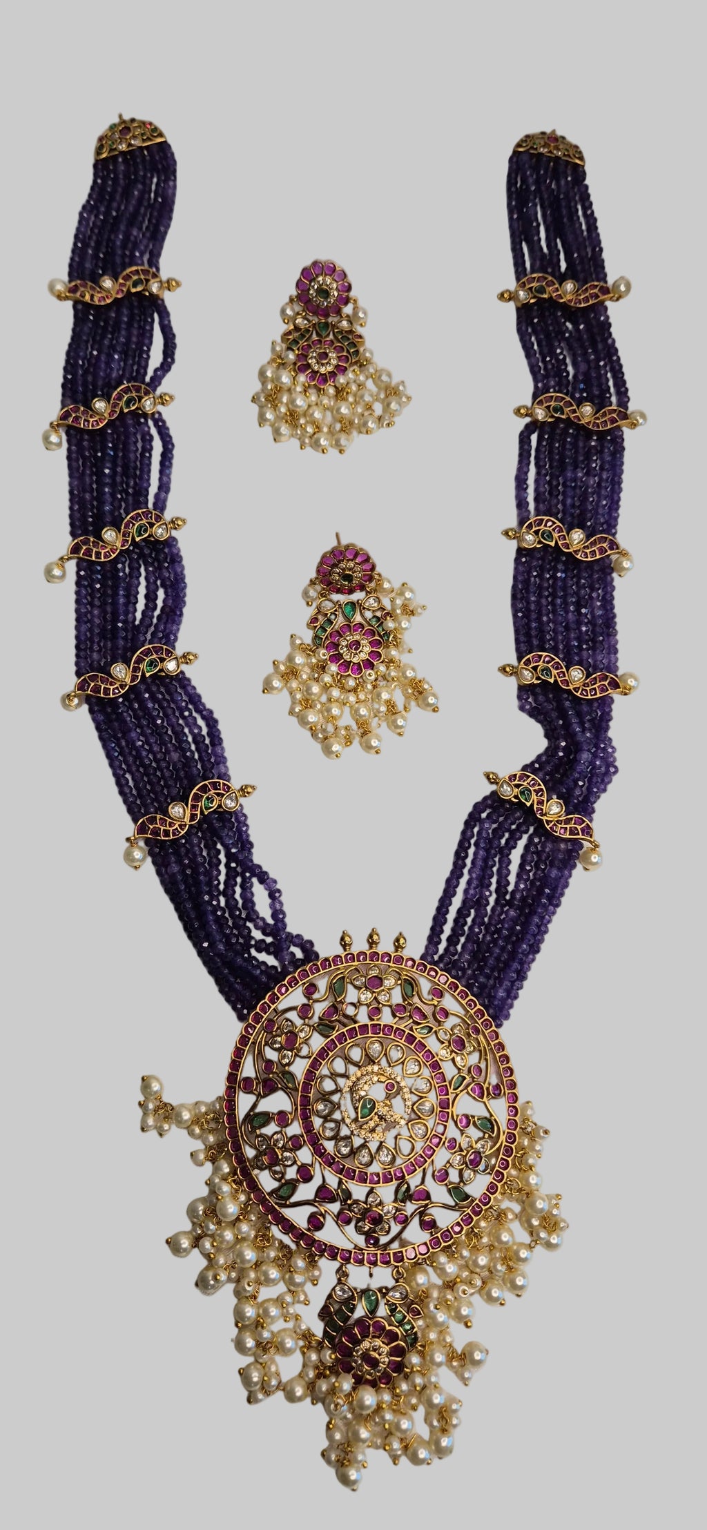 Rani Haram - Purple Multi-Strand Beaded Necklace Set with Kundan Pendant & Earrings