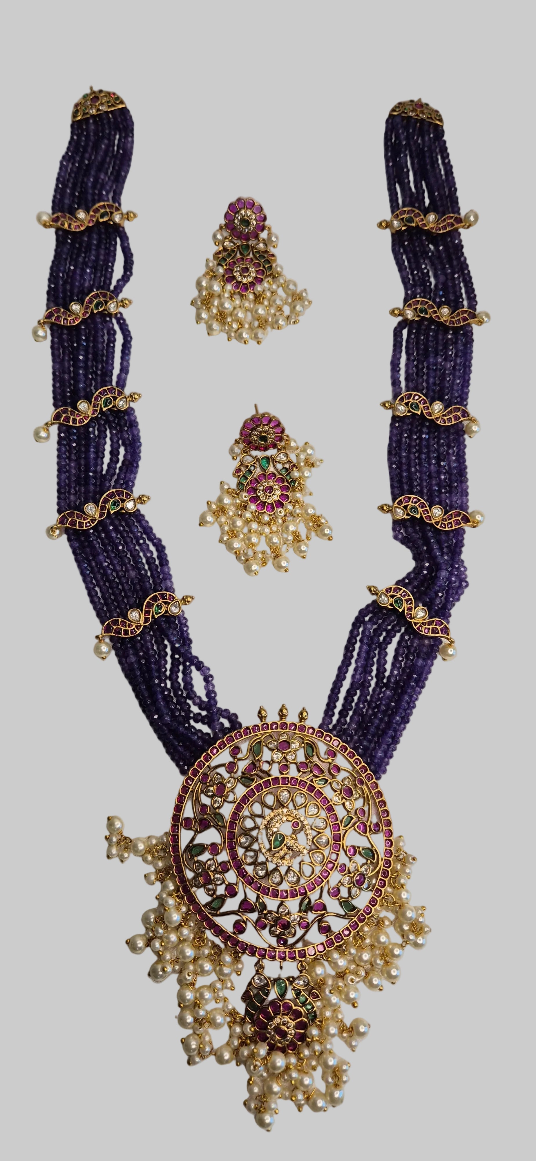 Rani Haram - Purple Multi-Strand Beaded Necklace Set with Kundan Pendant & Earrings
