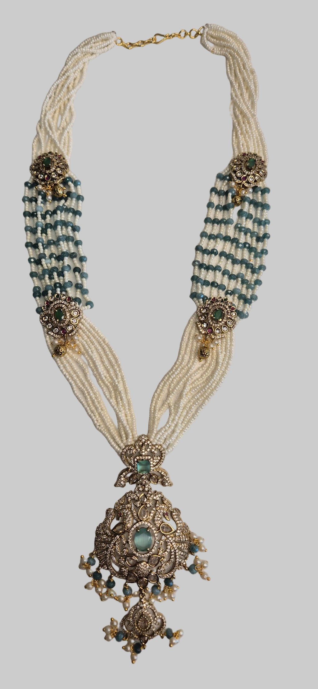 Rani Haram - White Pearl & Teal Bead Necklace with Silver Filigree Pendant