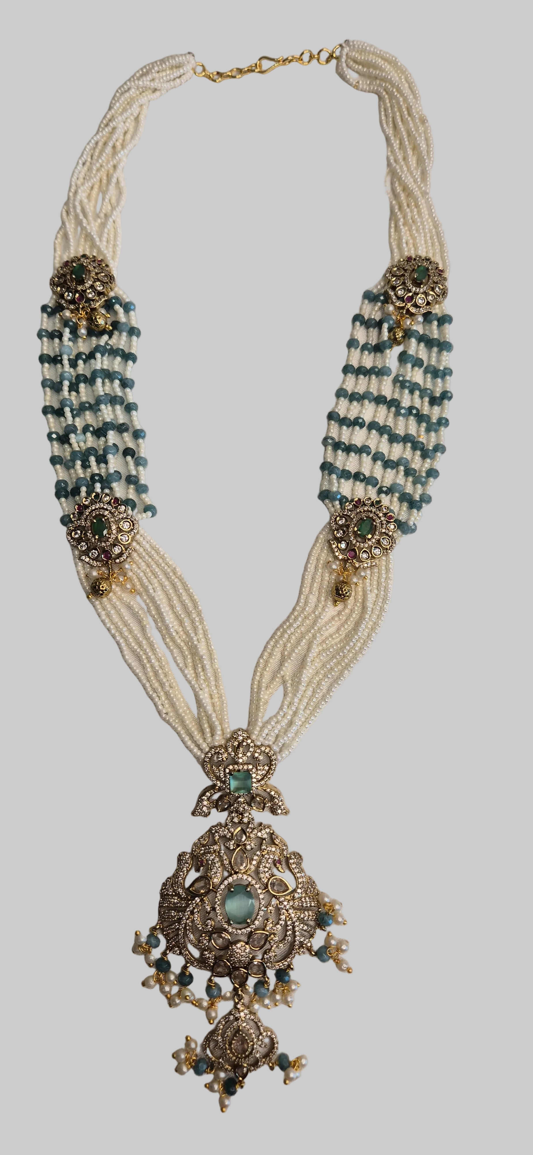 Rani Haram - White Pearl & Teal Bead Necklace with Silver Filigree Pendant