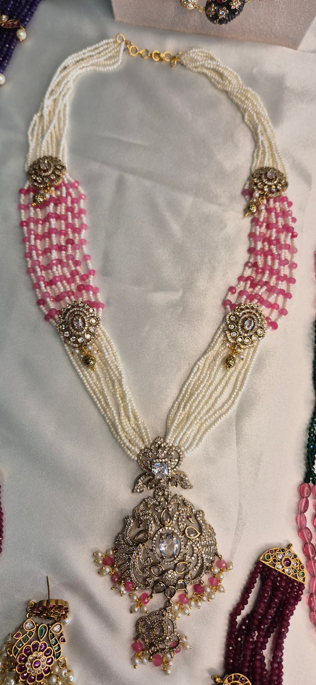 Rani Haram - White Pearl & Pink Bead Necklace with Polki Pendant