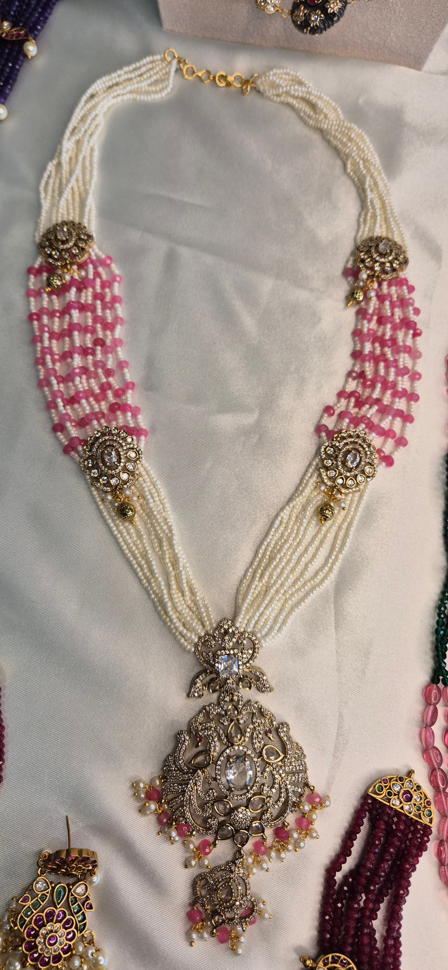 Rani Haram - White Pearl & Pink Bead Necklace with Polki Pendant