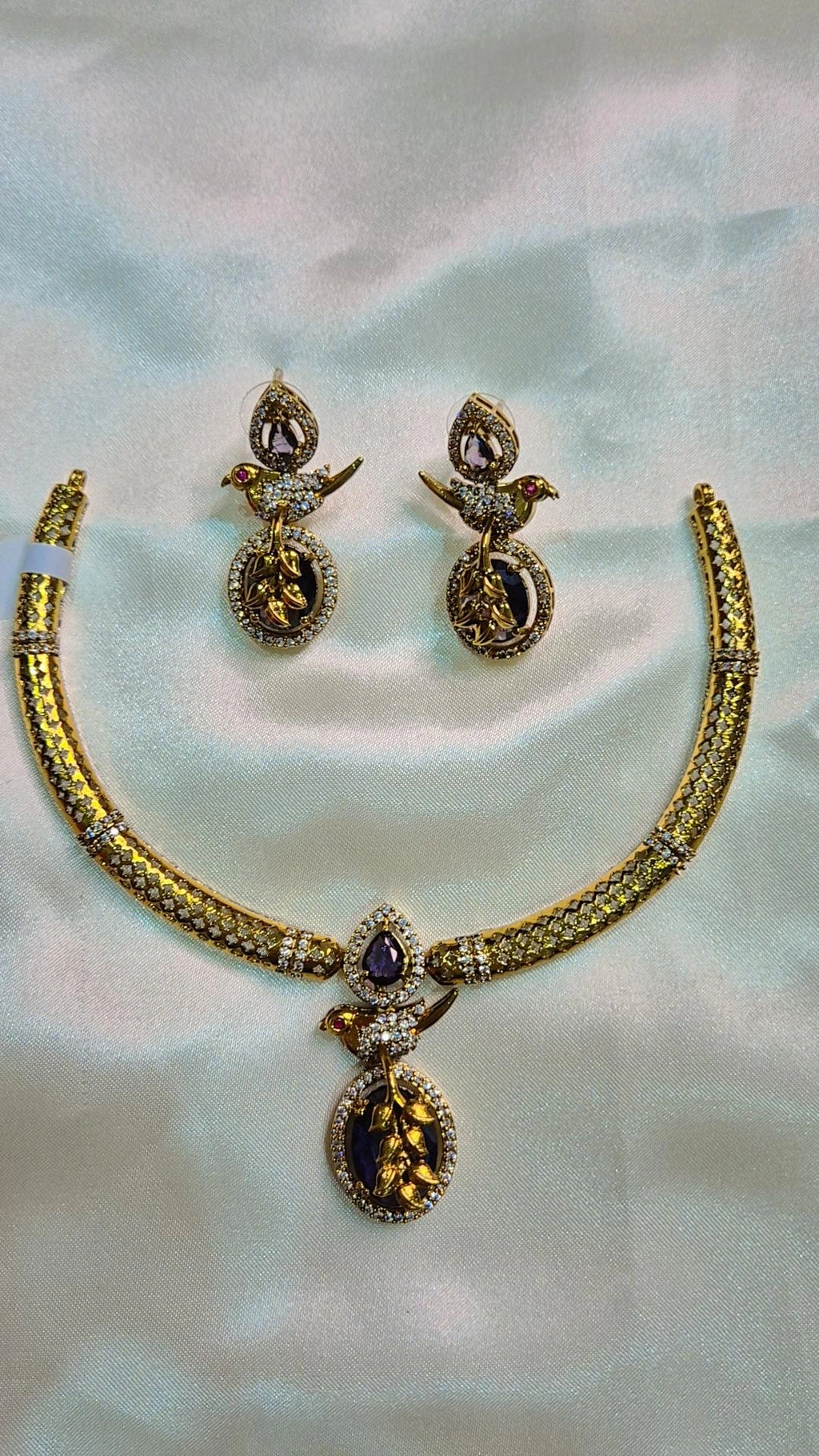 Gold Hasli Blue Sapphire Bird Motif Choker Set with Earrings