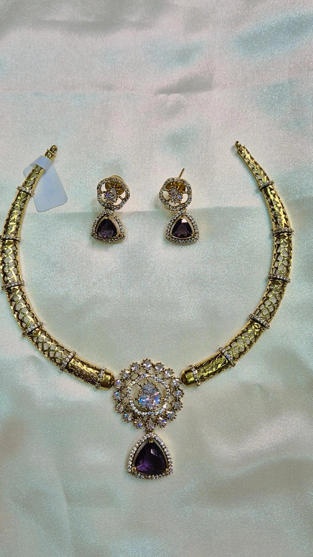 Gold Hasli Purple Amethyst Choker Set with Earrings