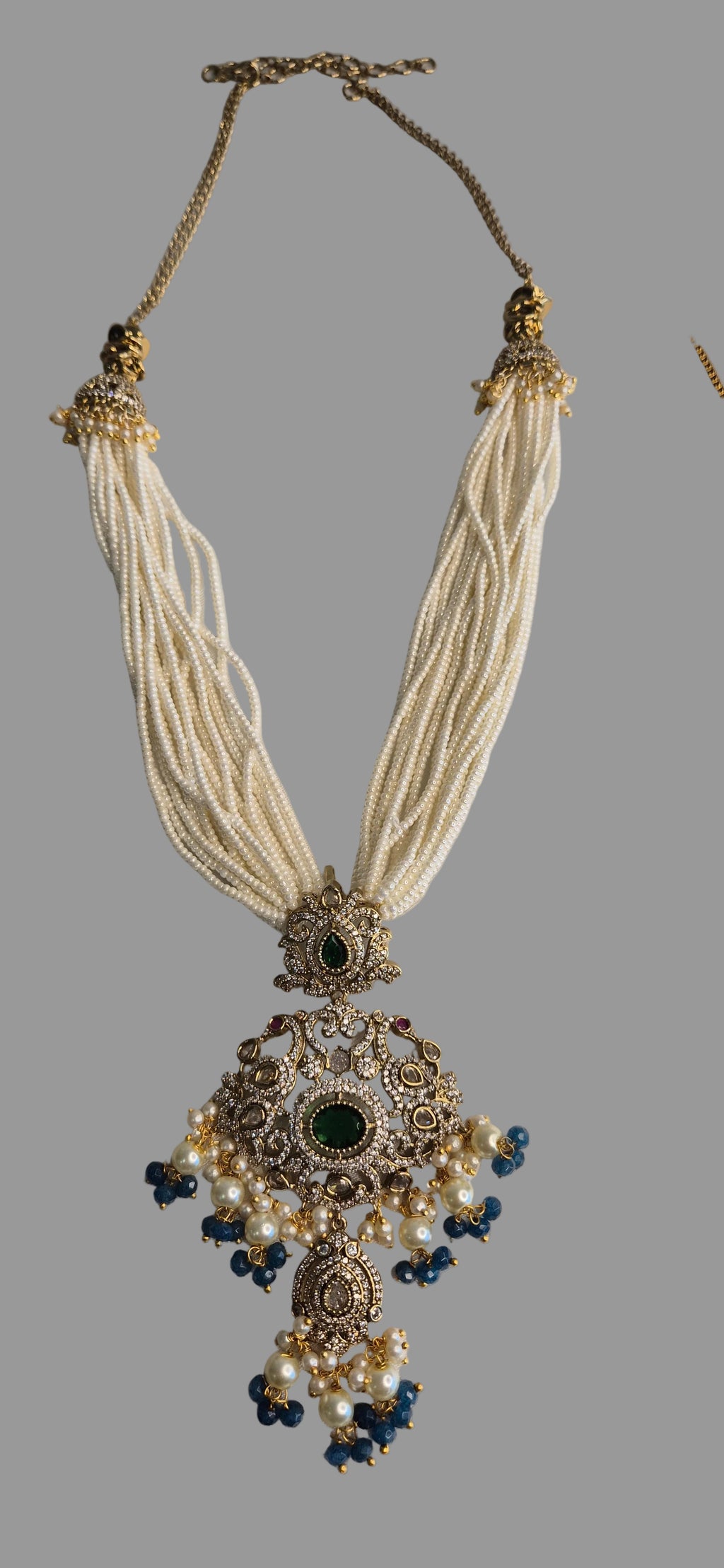 Rani Haram - White Pearl Multi-Strand Necklace with Emerald Gold Pendant