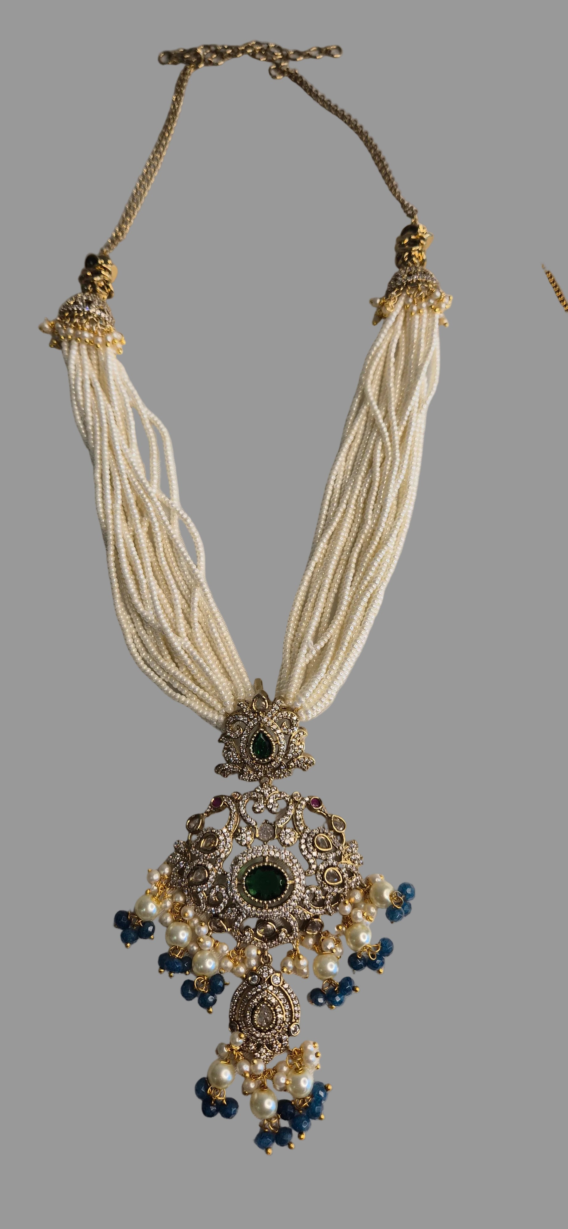 Rani Haram - White Pearl Multi-Strand Necklace with Emerald Gold Pendant