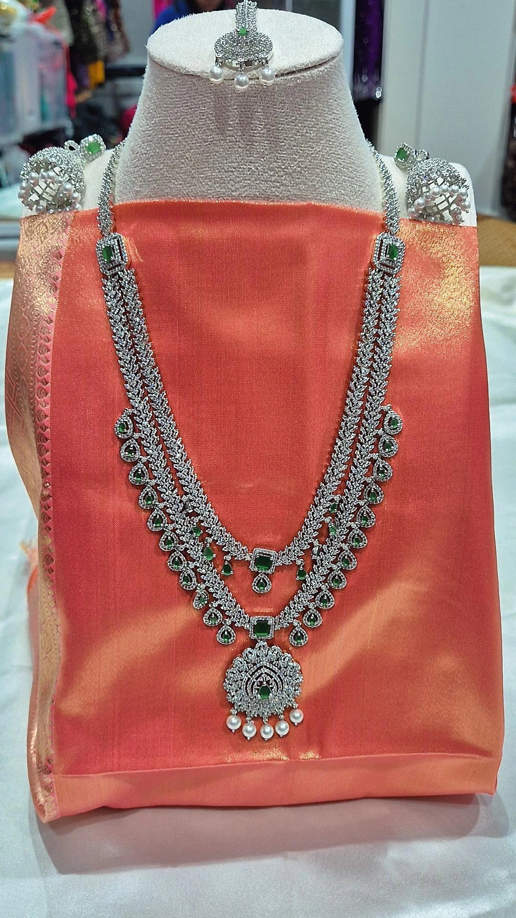 Silver Diamond Emerald Bridal Necklace Set with Jhumka Earrings