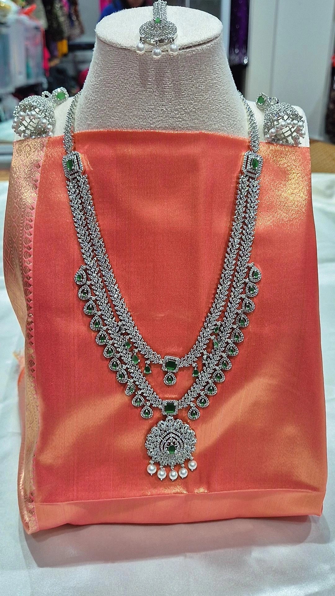 Silver Diamond Emerald Bridal Necklace Set with Jhumka Earrings
