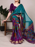 Kalamkari Viscose Chanderi Saree - Teal & Purple