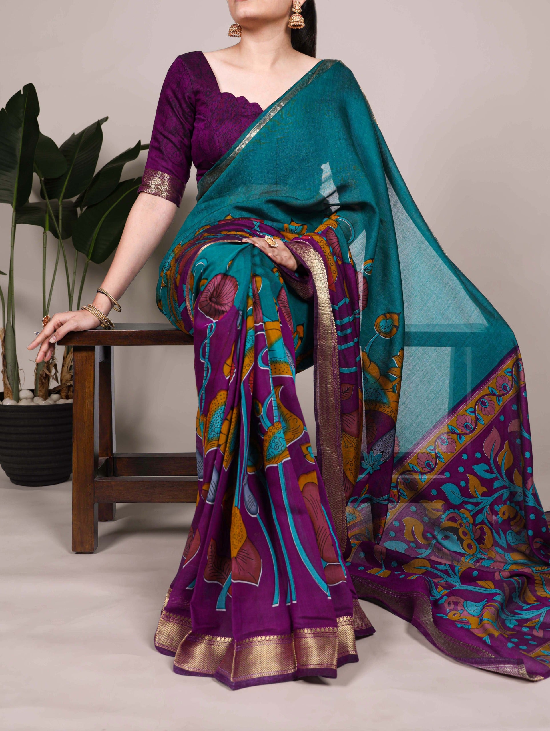 Kalamkari Viscose Chanderi Saree - Teal & Purple