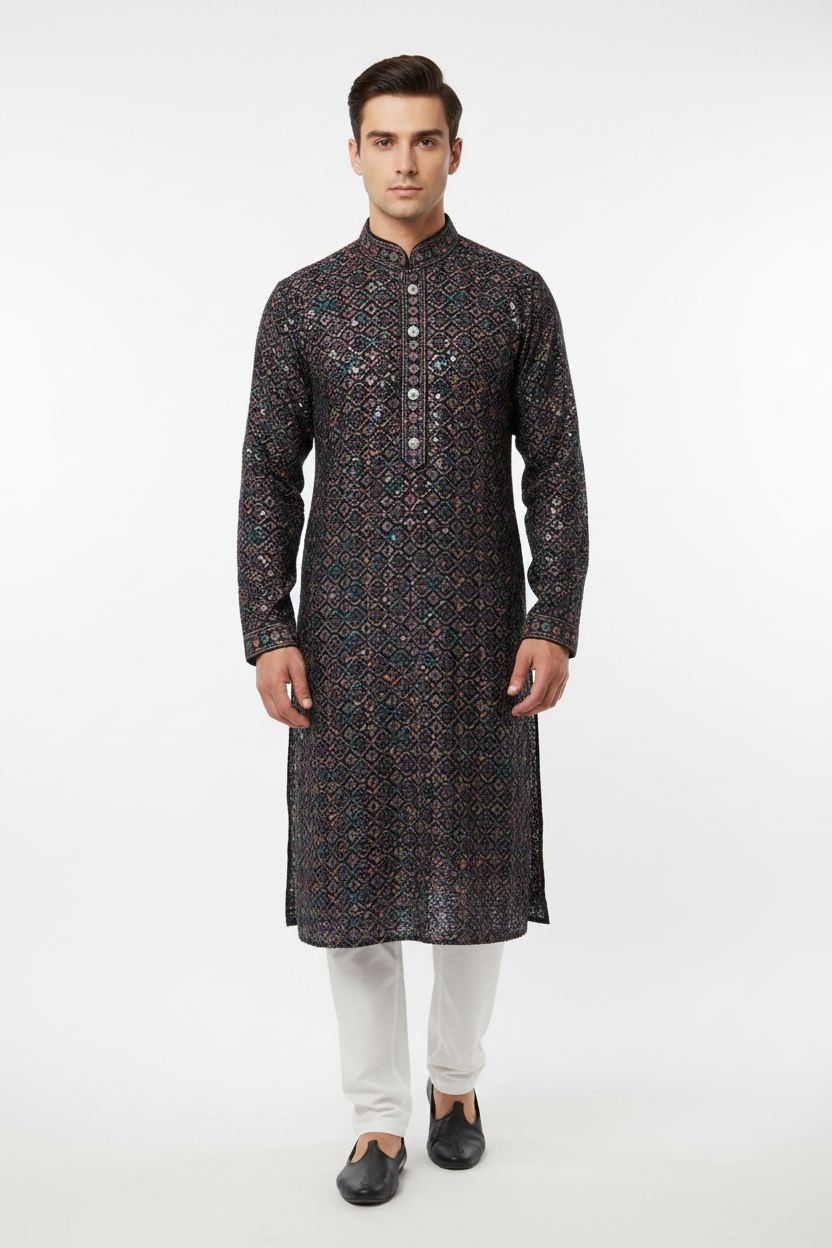 Black Multicolour Embroidered Kurta