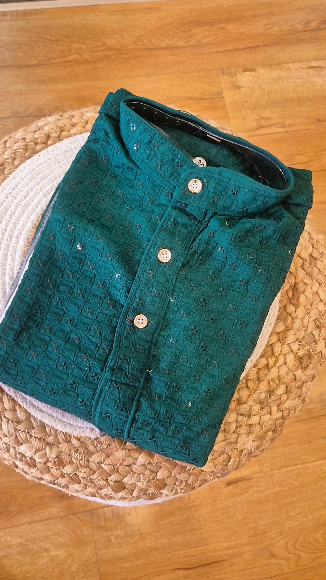 Boys Bottle Green Chikankari Kurta Pyjama Set