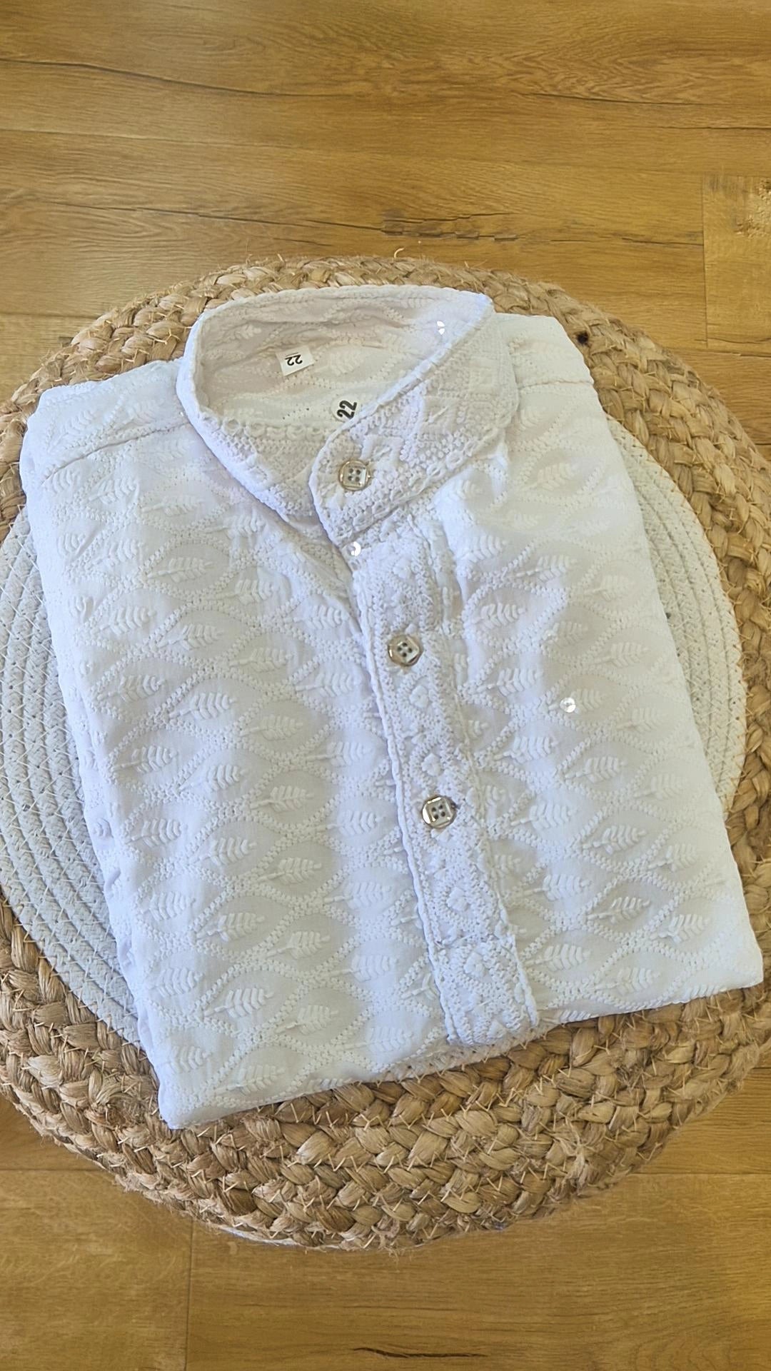 Boys White Chikankari Kurta Pyjama Set - Leaf Pattern