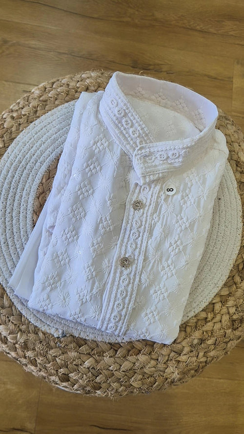 Boys White Chikankari Kurta Pyjama Set - Floral Pattern