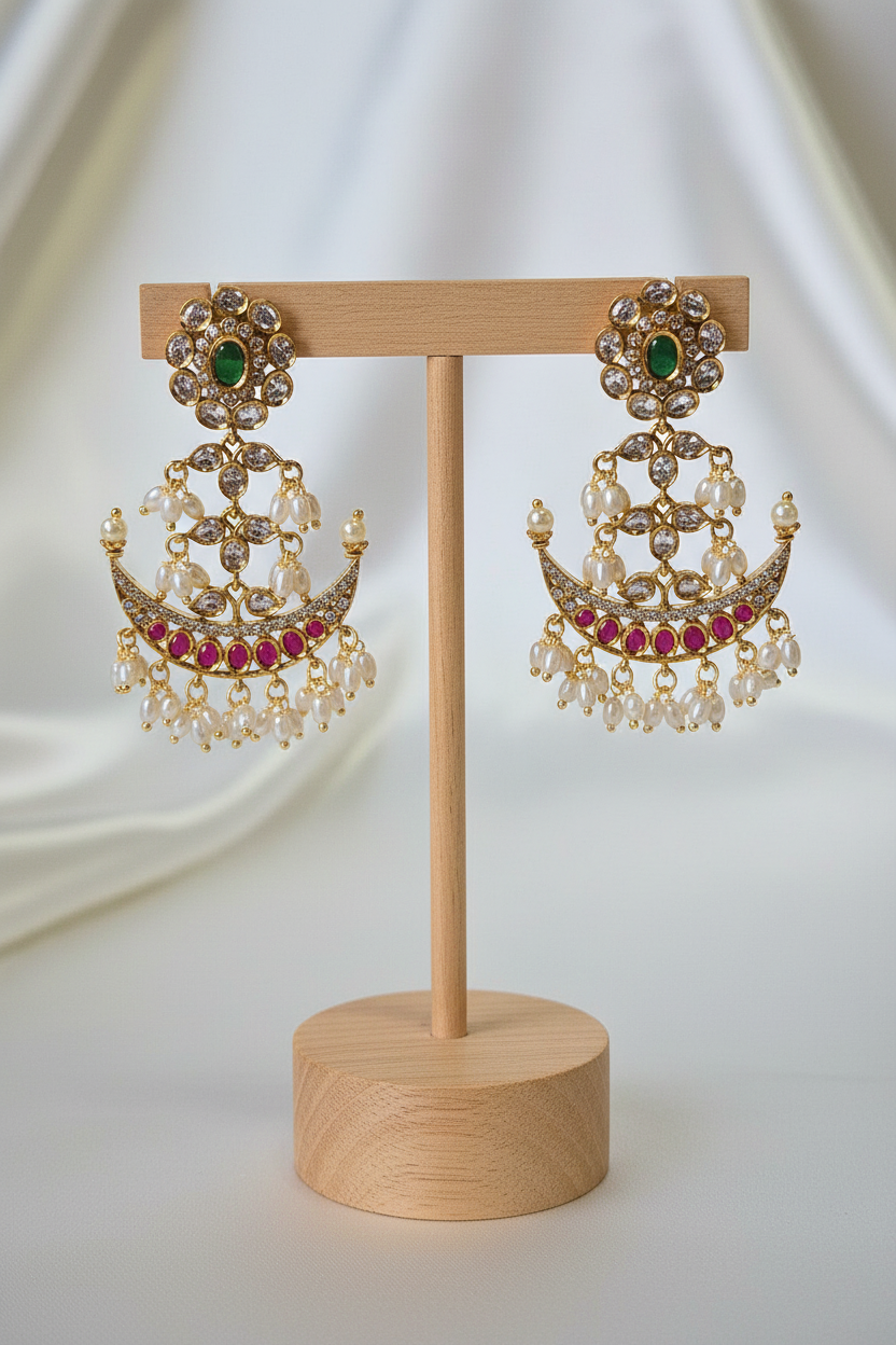 Chandbali Pearl Earrings on T-bar stand
