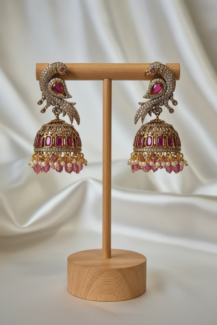 CZ Peacock Jhumkas - On Stand