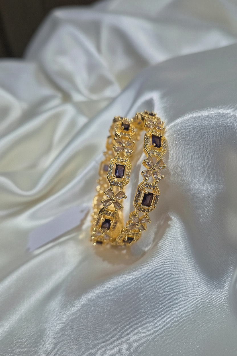 CZ Stone Bangle Set - Amethyst Purple on Satin