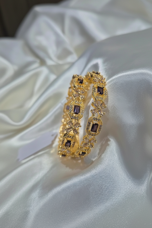 CZ Stone Bangle Set - Amethyst Purple on Satin