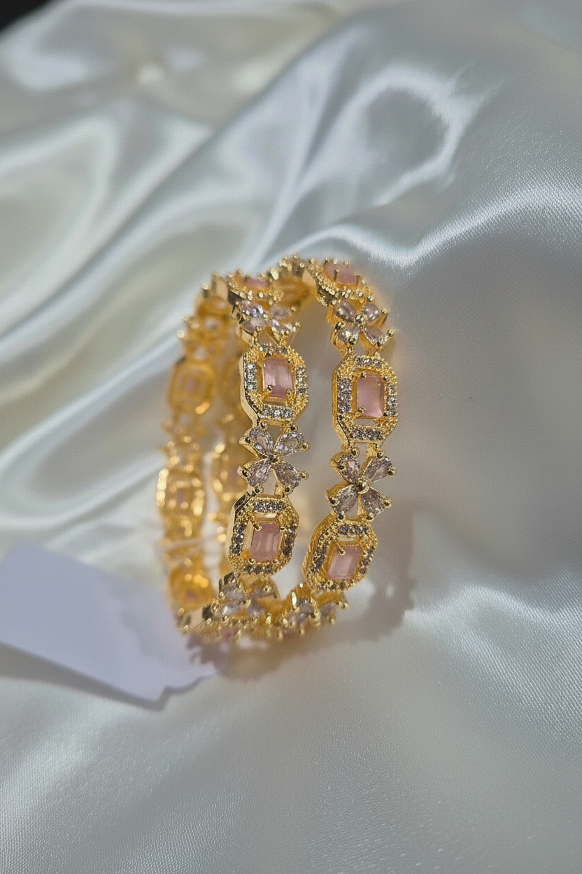 CZ Stone Bangle Set - Baby Pink on White Satin