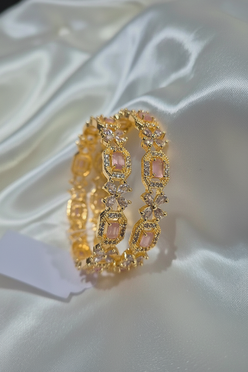 CZ Stone Bangle Set - Baby Pink on White Satin