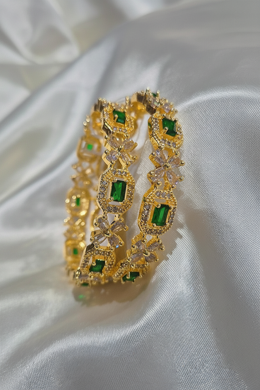 CZ Stone Bangle Set - Green on White Satin