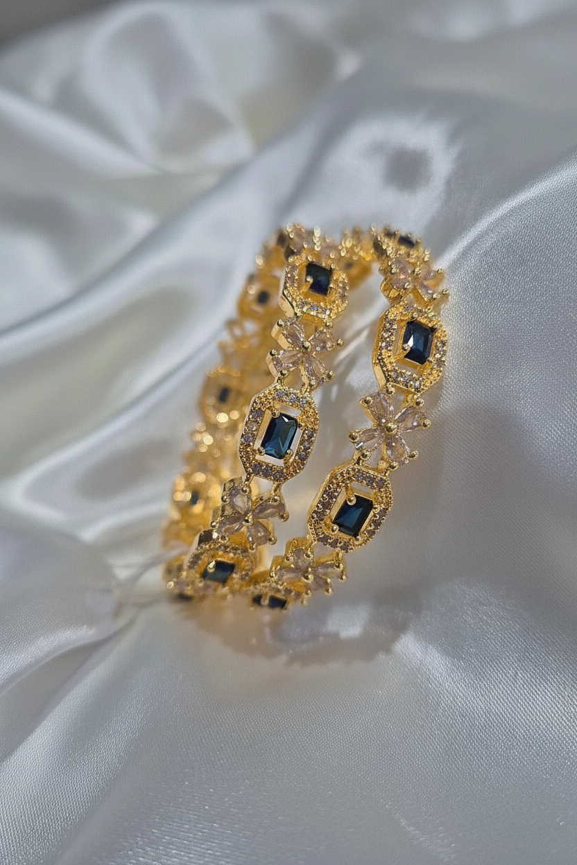 CZ Stone Bangle Set - Navy Blue on White Satin