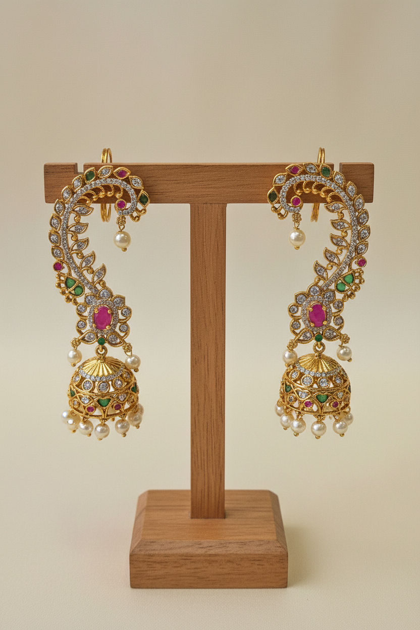 Ear Cuff Jhumka Ruby on T-bar stand
