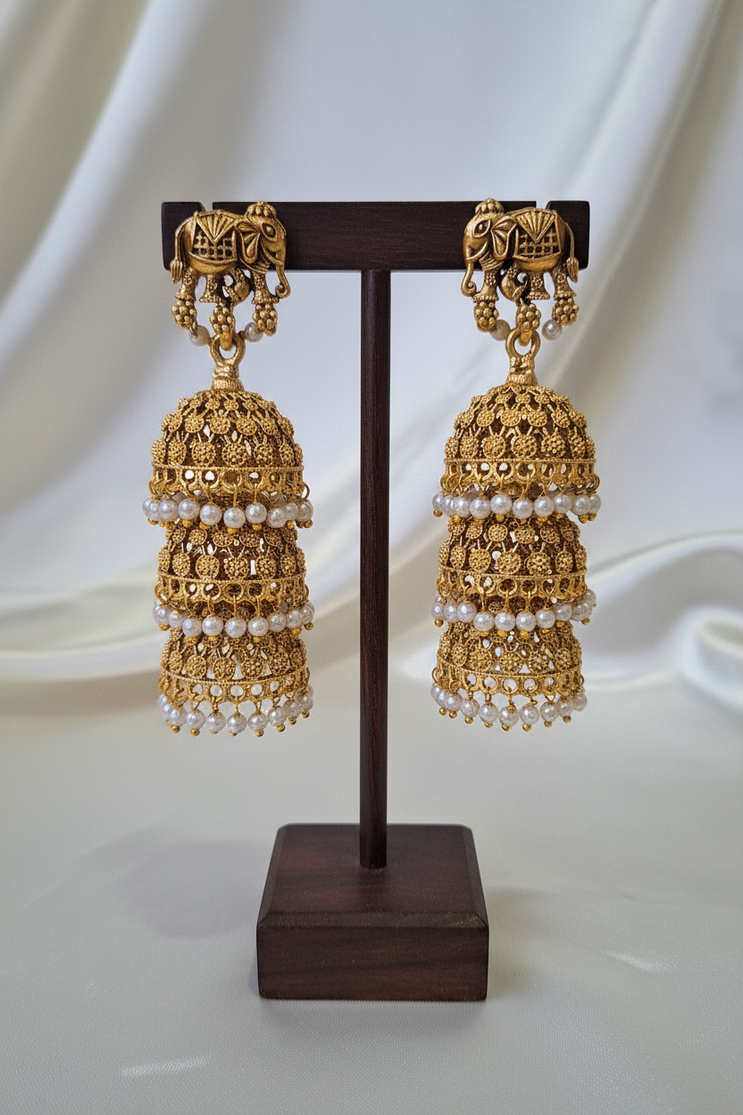 Elephant Triple Tier Jhumka on T-bar stand