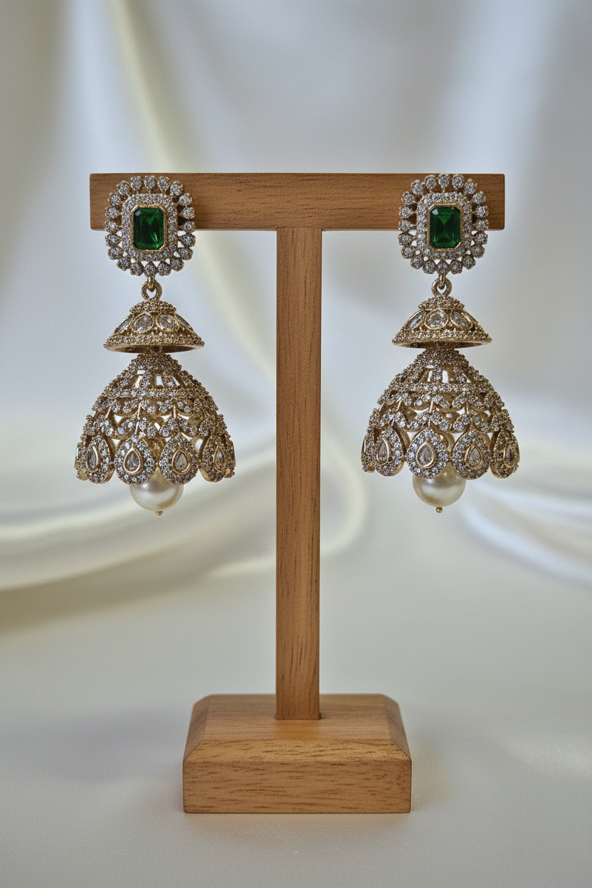 Emerald Filigree Jhumka on T-bar stand