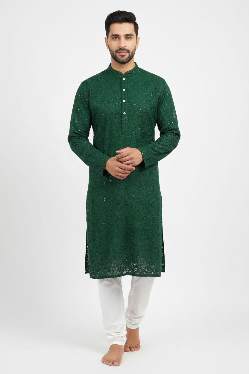 Men's Bottle Green Chikankari Kurta Pyjama Set