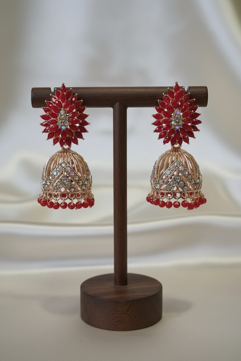 Gold Ruby Red Flower Jhumka - dark brown stand