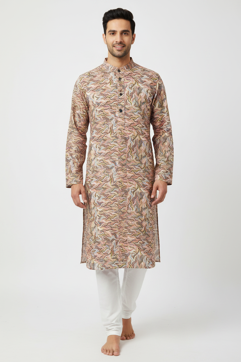 Men's Wavy Abstract Digital Print Kurta Pyjama Set with white pyjama