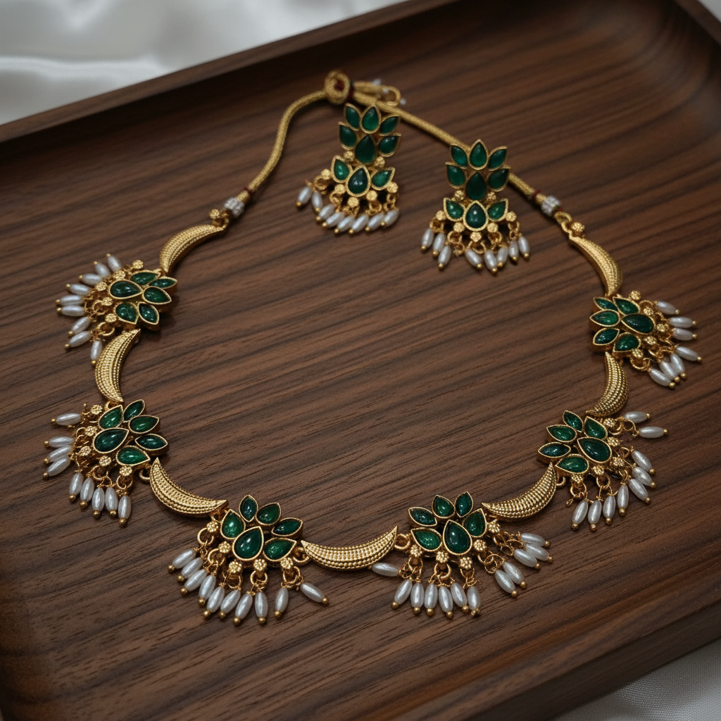 Ruby emerald flower cluster chain necklace on wooden tray