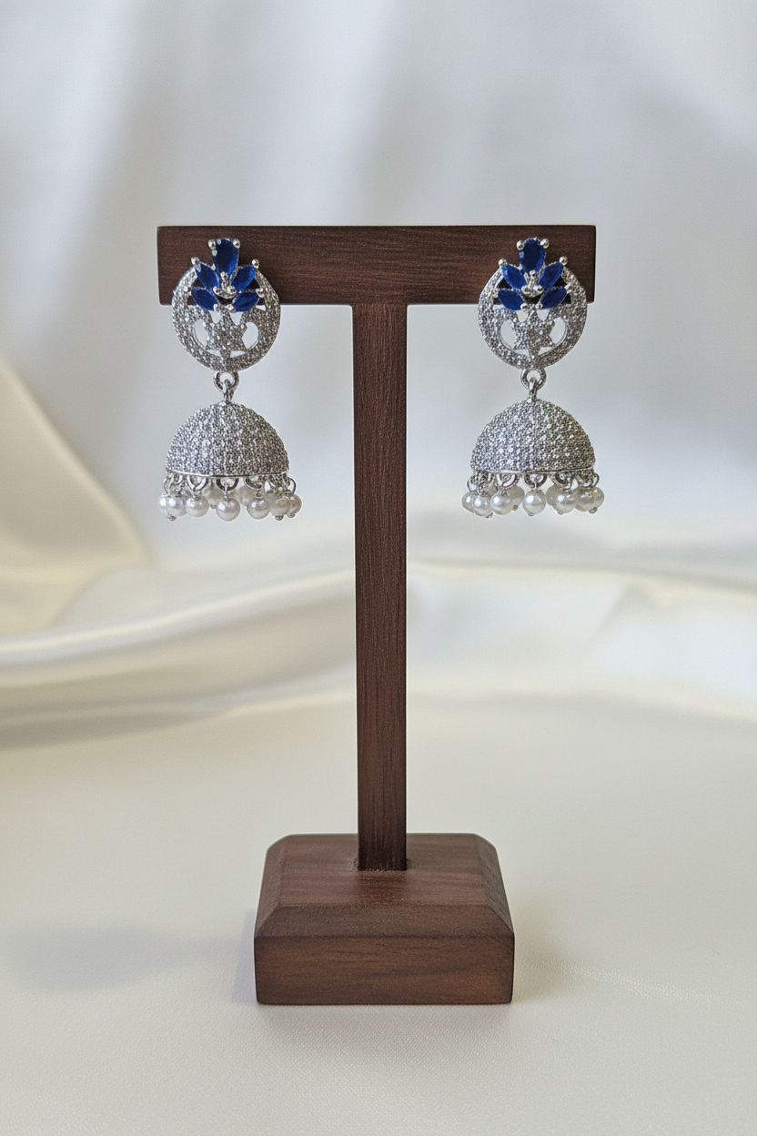 Silver Sapphire Blue CZ Jhumka - dark brown stand