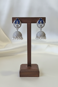 Silver Sapphire Blue CZ Jhumka - dark brown stand