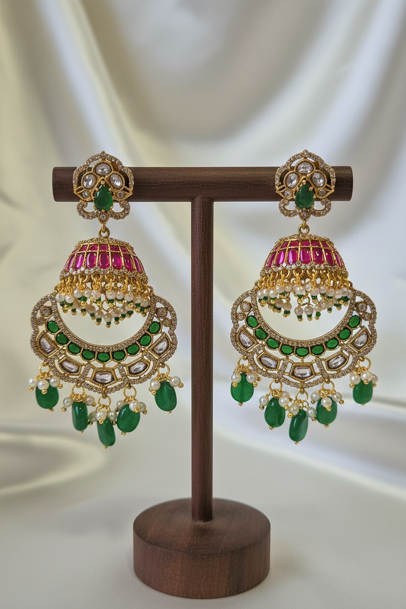 Gold Kundan Chandbali Jhumka - dark brown stand