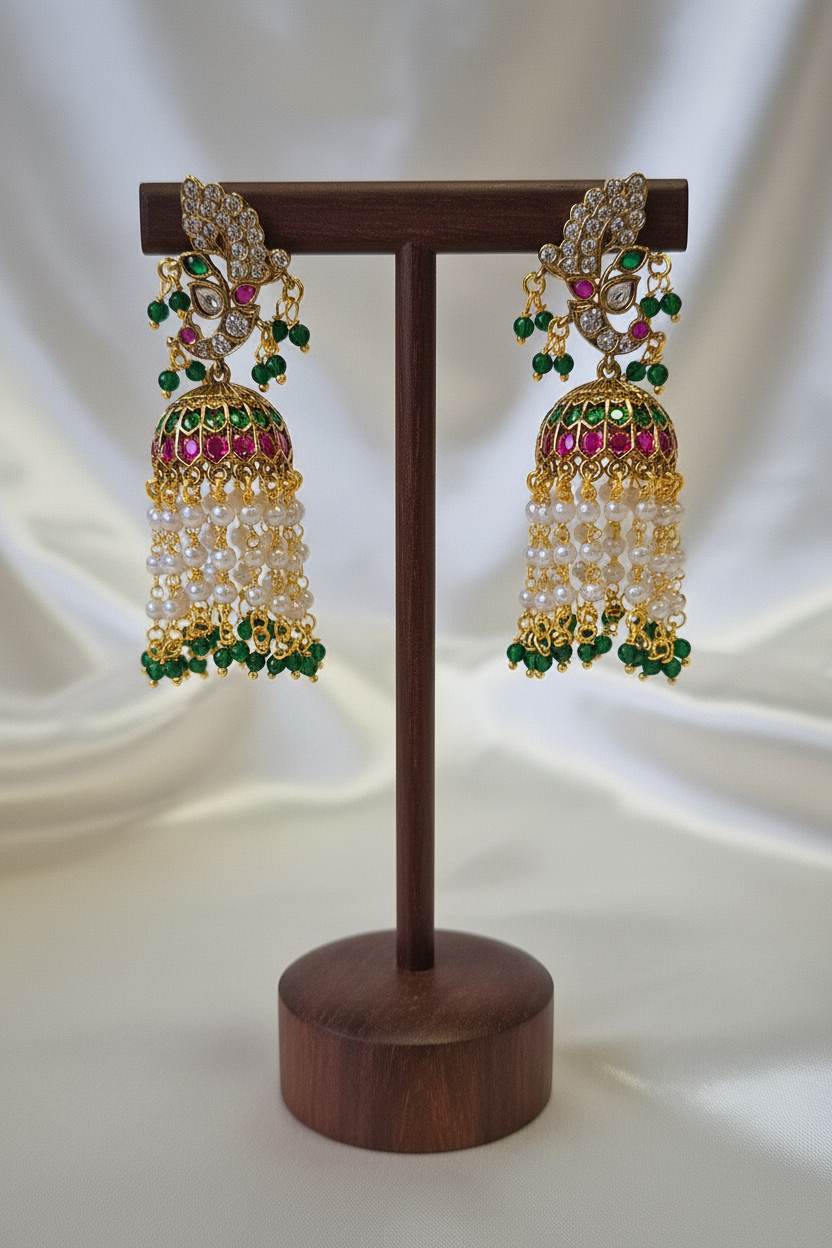 Gold Peacock Tassel Jhumka - dark brown stand