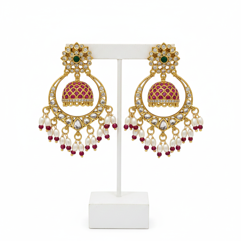 Antique Gold Chandbali Jhumka Earrings on Holder